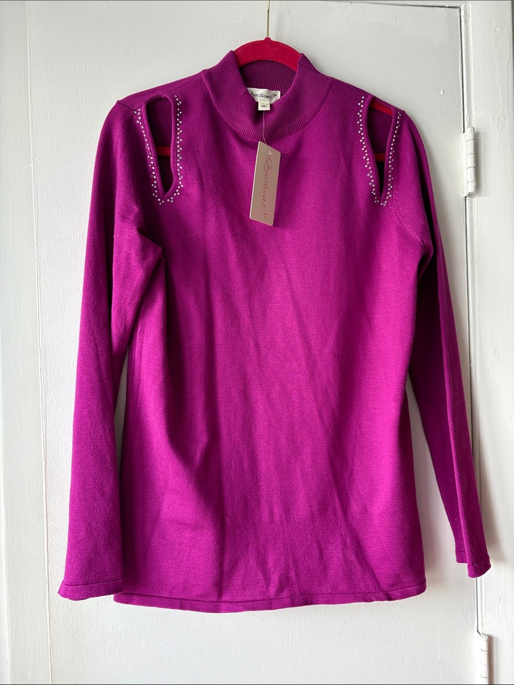 Question peek a boo Shoulder Stud-Accent Sweater in Fuchsia